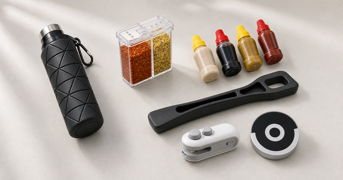 Clever travel gadgets flat lay including collapsible water bottle, mini spice kit, condiment bottles, bag sealer, car seat gap filler, and handbag light