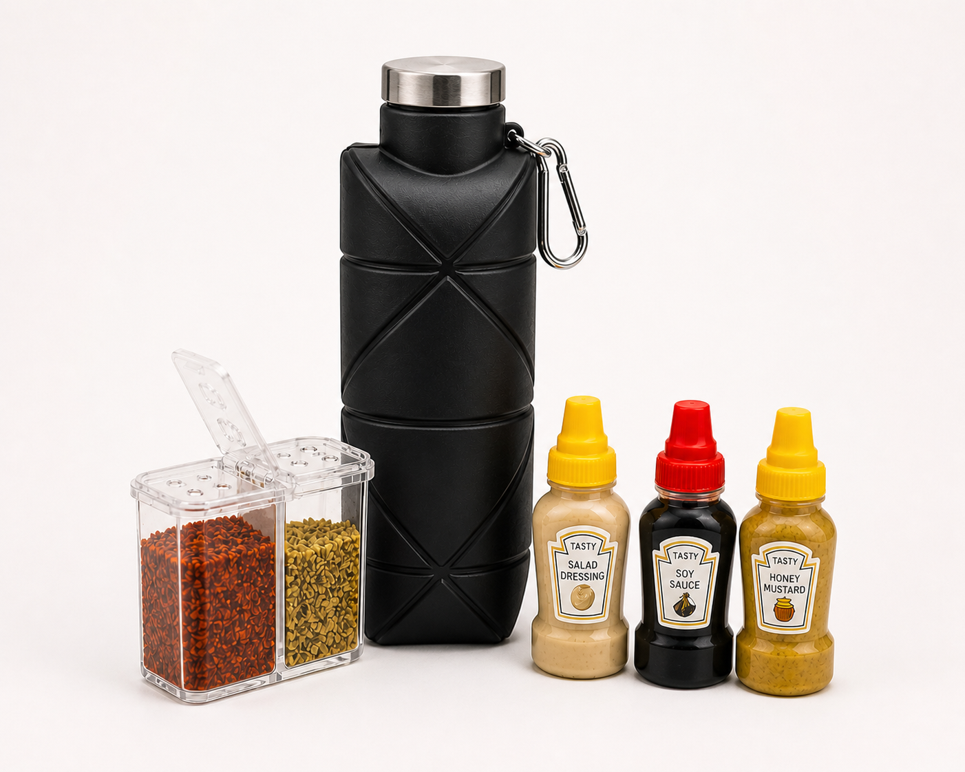 Travel foodie kit with collapsible water bottle, mini spice kit, and condiment bottles