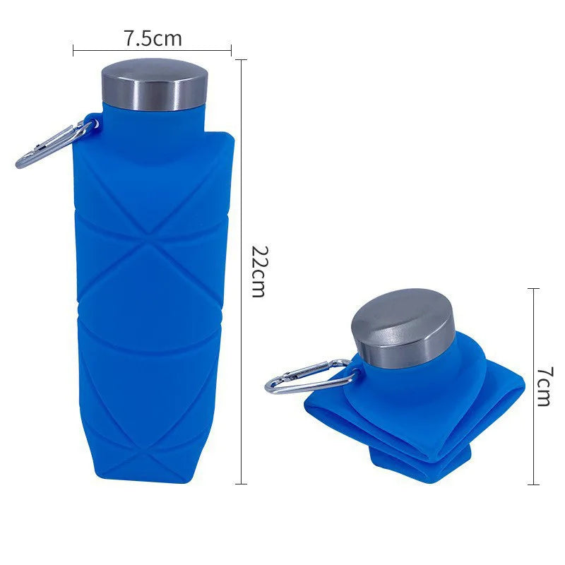 Collapsible silicone water bottle folded flat next to an expanded bottle for travel