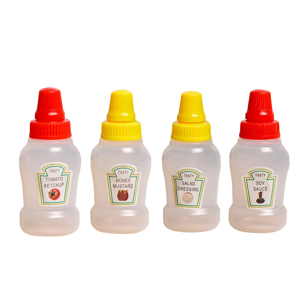Set of mini refillable condiment bottles for travel, camping, and lunchboxes