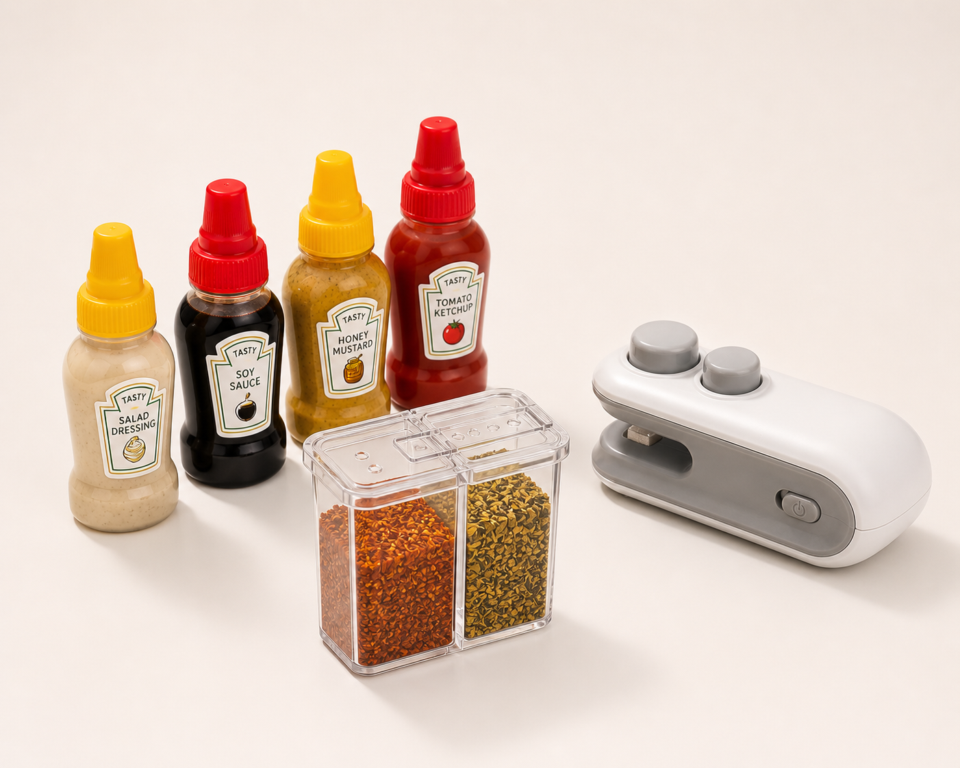 Clever vacation bundle including heat bag sealer, seasoning shaker, and condiment bottles