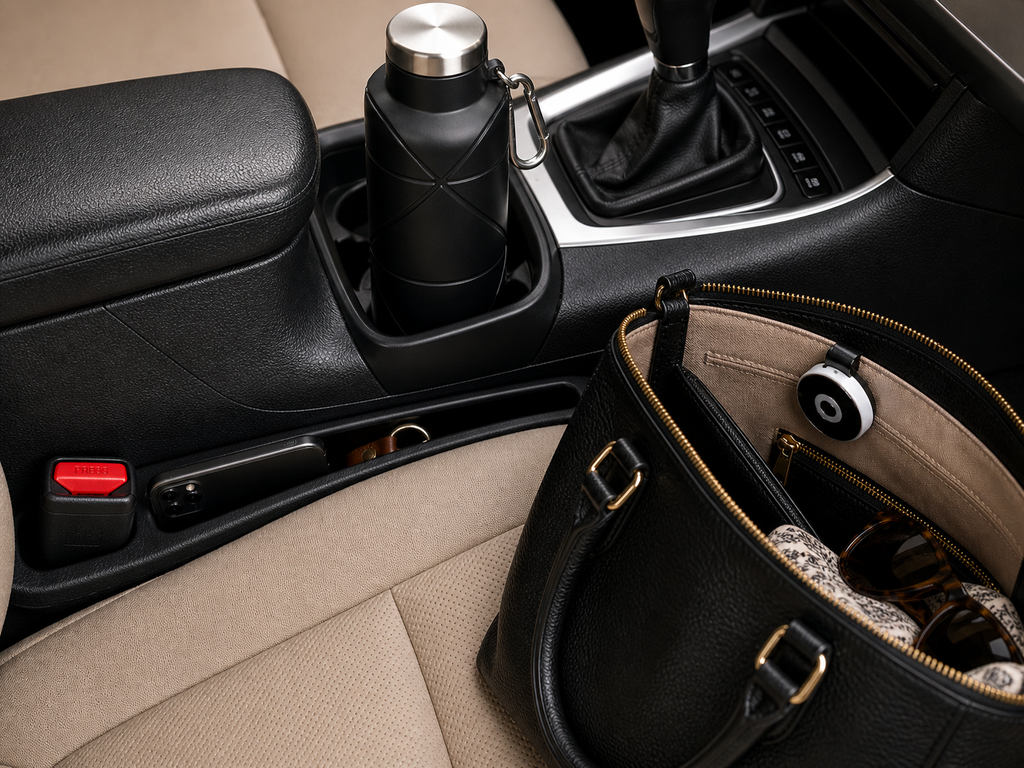 Road trip essentials bundle with clever travel gadgets laid flat on car seat