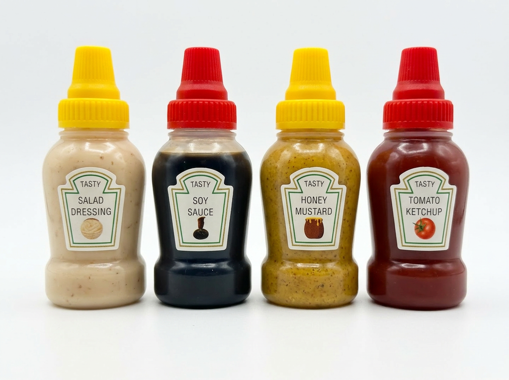 Set of mini refillable condiment bottles for travel, camping, and lunchboxes