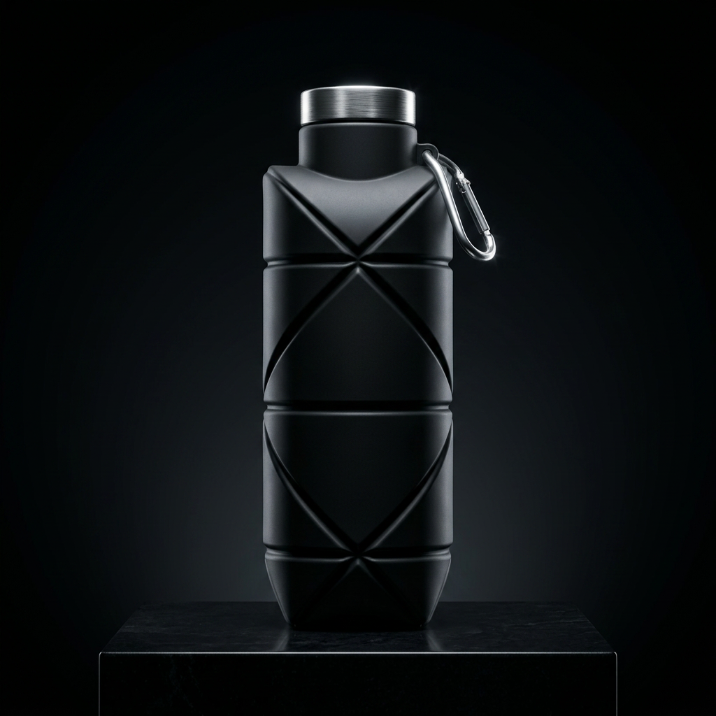 Collapsible silicone water bottle folded flat next to an expanded bottle for travel