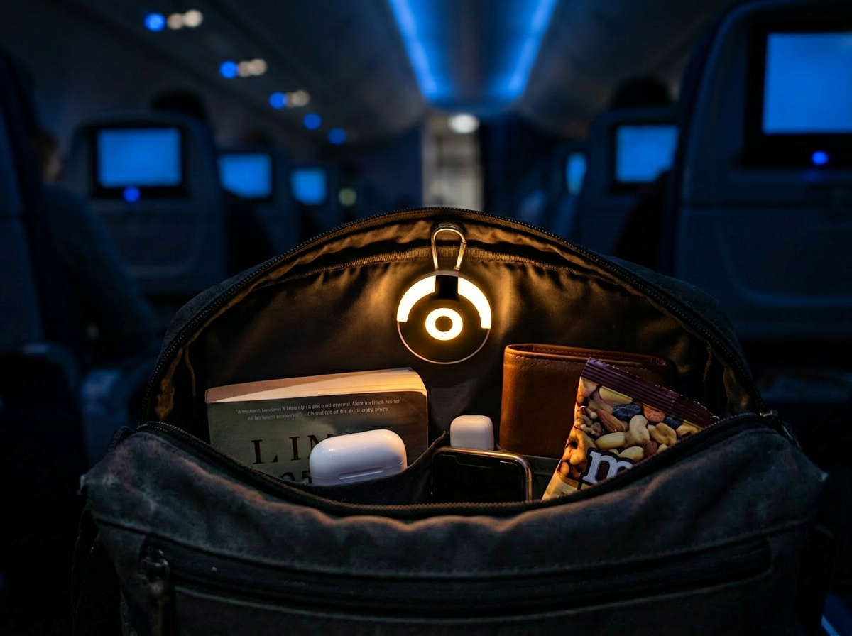 Touch-activated LED handbag light inside a purse illuminating the contents