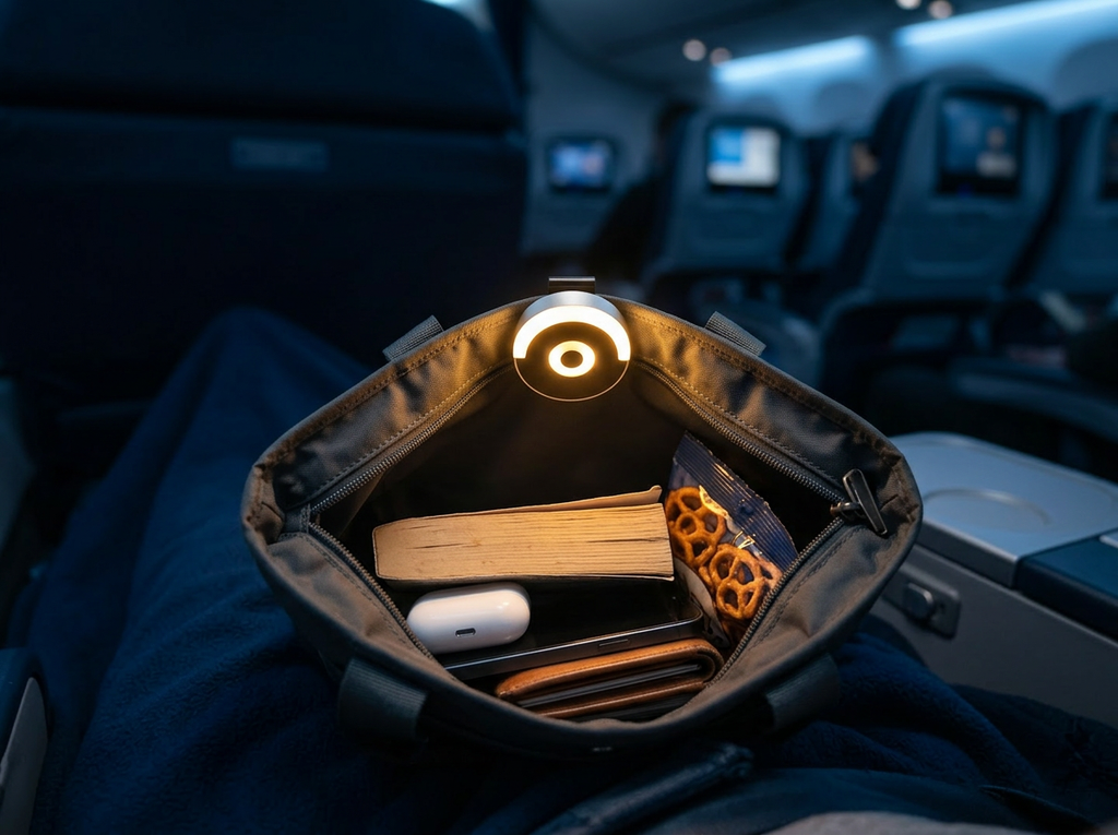 Touch-activated LED handbag light inside a purse illuminating the contents
