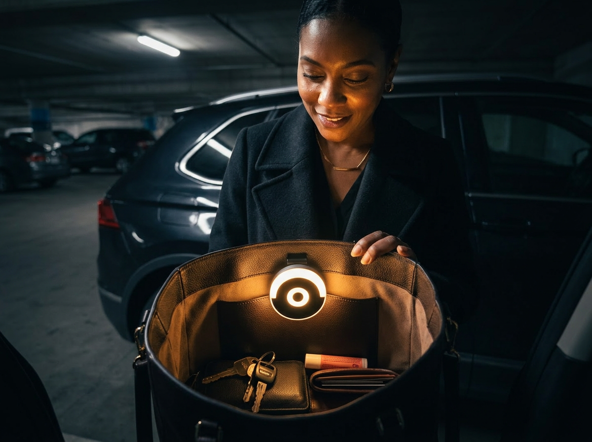 Touch-activated LED handbag light inside a purse illuminating the contents
