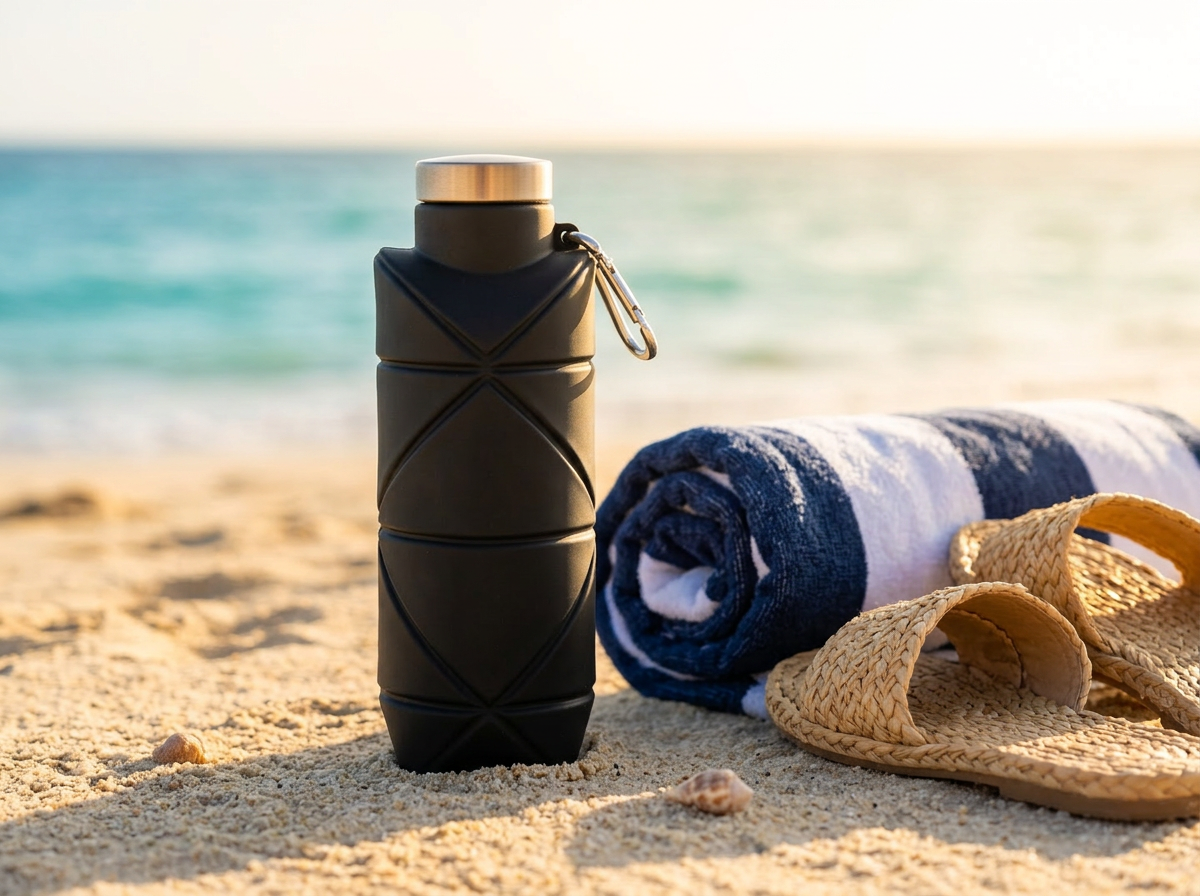 Collapsible silicone water bottle folded flat next to an expanded bottle for travel