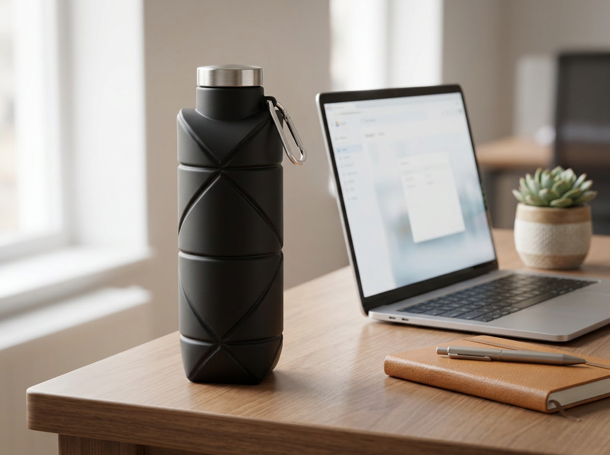 Collapsible silicone water bottle folded flat next to an expanded bottle for travel
