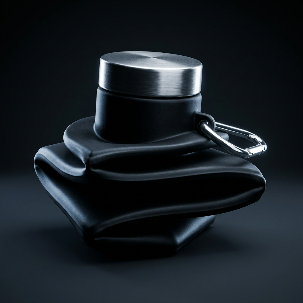 Collapsible silicone water bottle folded flat next to an expanded bottle for travel