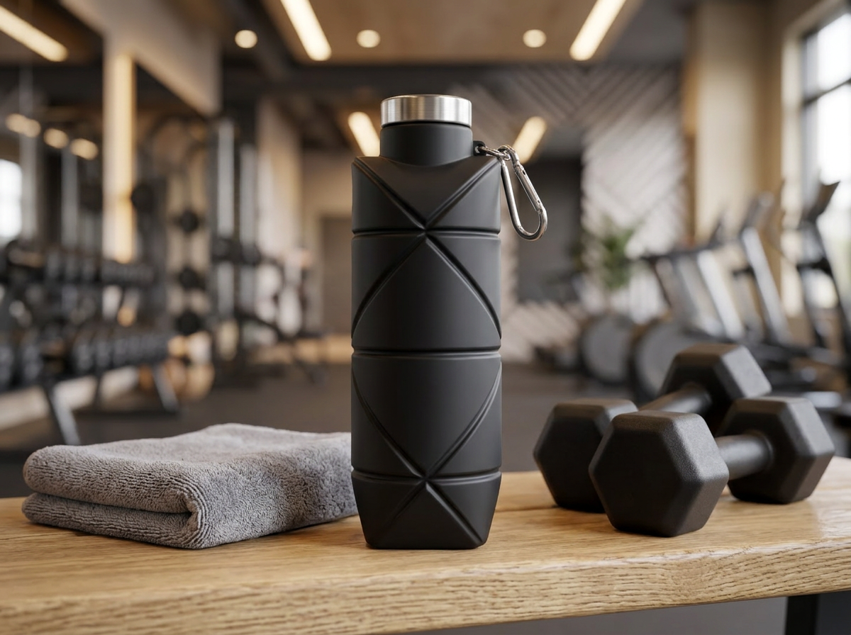 Collapsible silicone water bottle folded flat next to an expanded bottle for travel