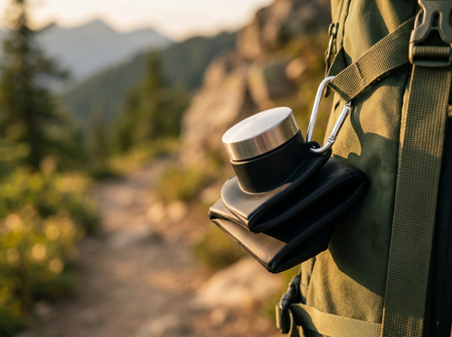Collapsible silicone water bottle folded flat next to an expanded bottle for travel