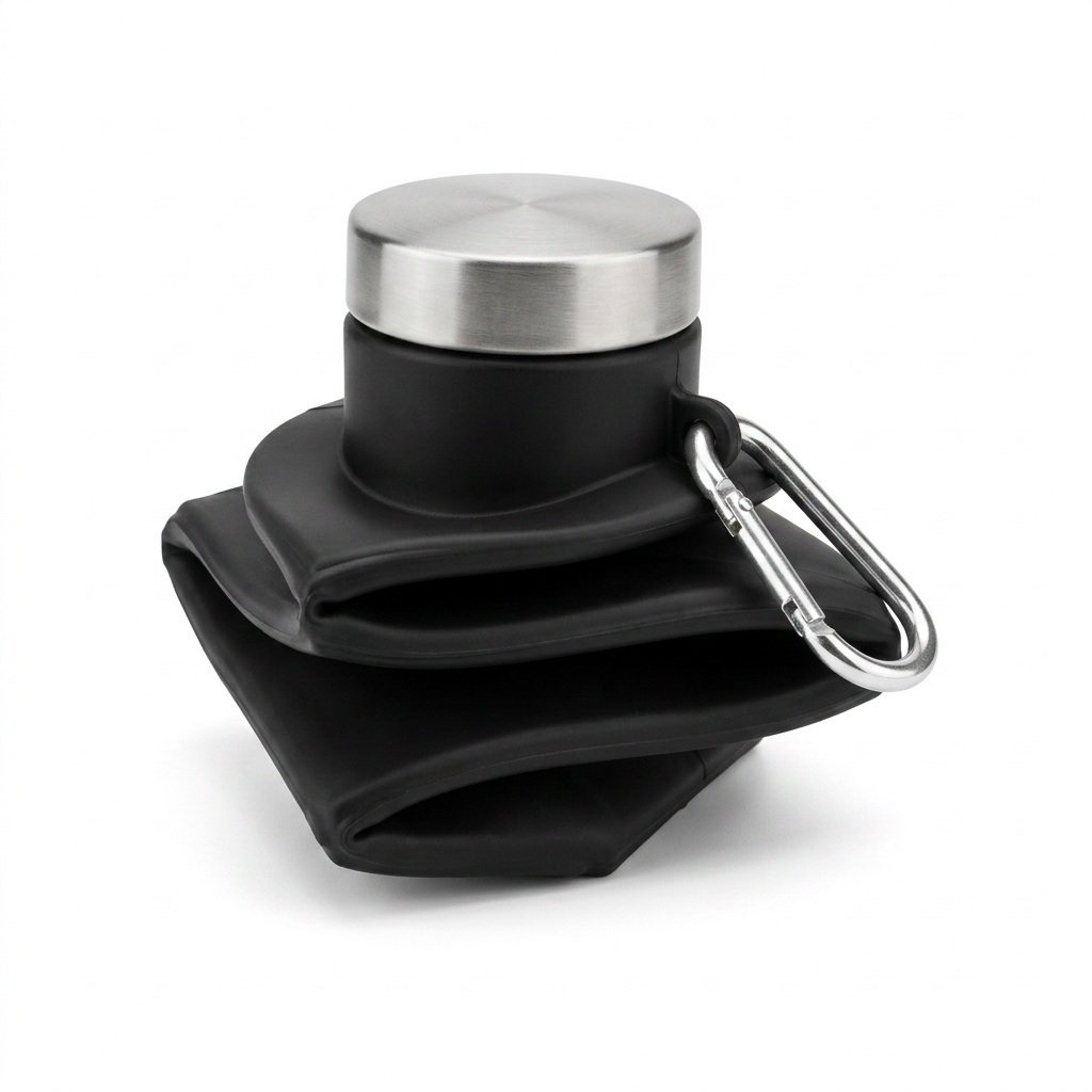 Collapsible silicone water bottle folded flat next to an expanded bottle for travel