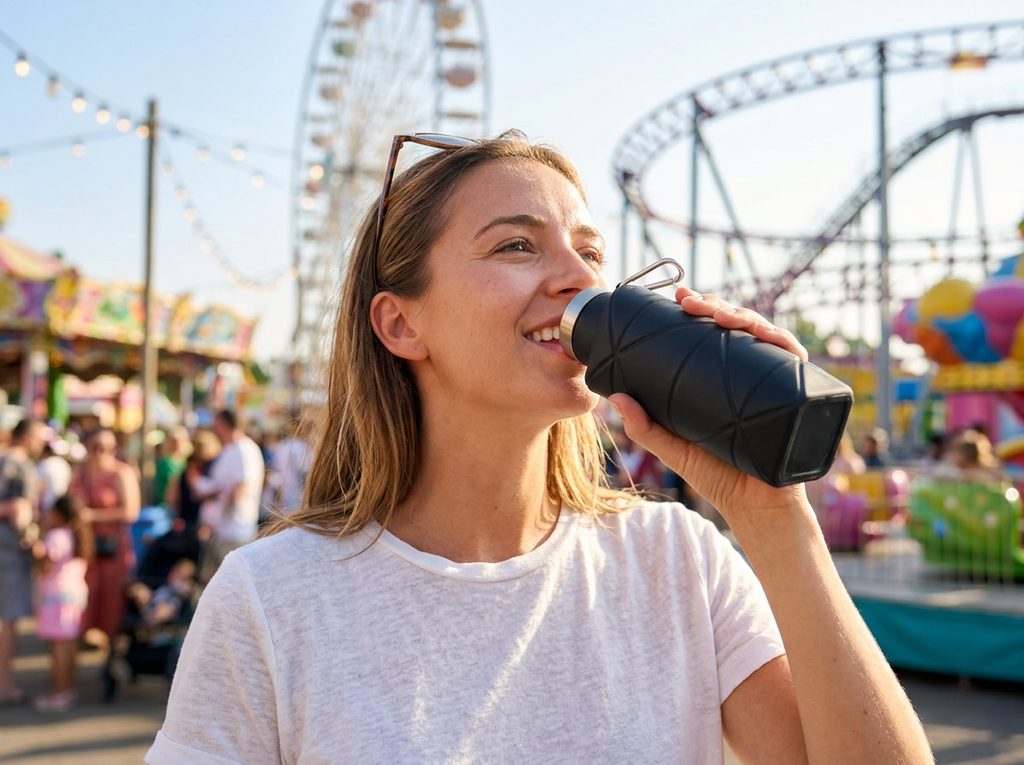 Collapsible silicone water bottle folded flat next to an expanded bottle for travel